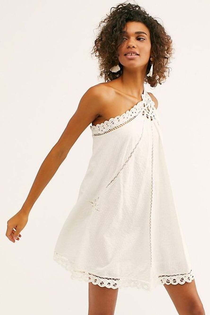 Free People White Billie Battenburg One Shoulder 100% Cotton Mini Dress XS